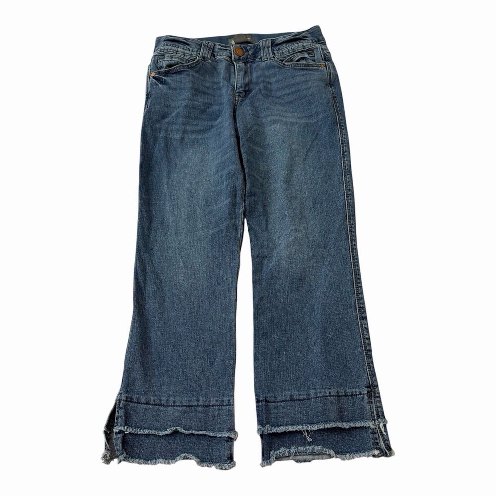 Democracy Ab Technology Jeans 10 Blue Crop Flare Denim Raw Step Hem Stretch